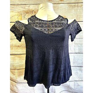 Black Lace Lined Top Short Cold-Shoulder Sleeve 2XL